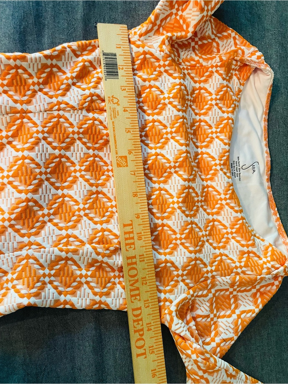 Seea Orange & White Geometric Textured Scoop Neck One-Piece Surf Suit S - Picture 5 of 9